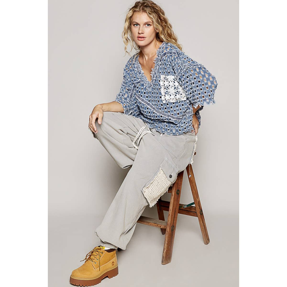 Pol Clothing - Vente Haut en maille – femme - Haut vintage délavé à manches courtes et poche avant5