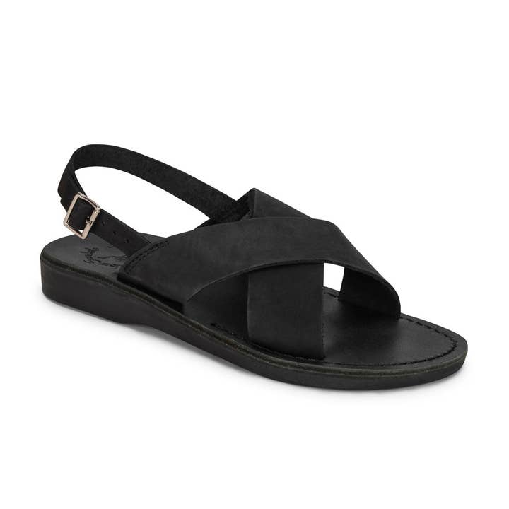 Elan Buckle - Sandale à lanière épaisse en cuir | Nubuck noir pour la vente par Jerusalem Sandals