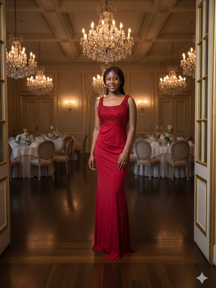 Elegant röd ärmlös aftonklänning för kvinnor med glittrande topp, sidenslits i polyester och pärlor för bröllop eller fest för wholesale av Queenshopbeauty