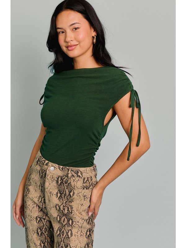 Green Sleeveless Boat Neck Bodysuit With Tie for wholesale on Faire