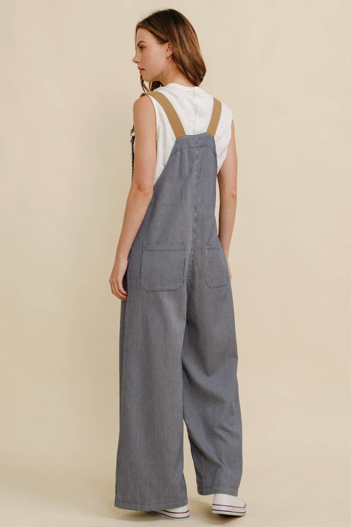 Navy CR19032A - STRIPED CONTRAST STRAP COLOR OVERALL JUMPSUIT for wholesale on Faire8