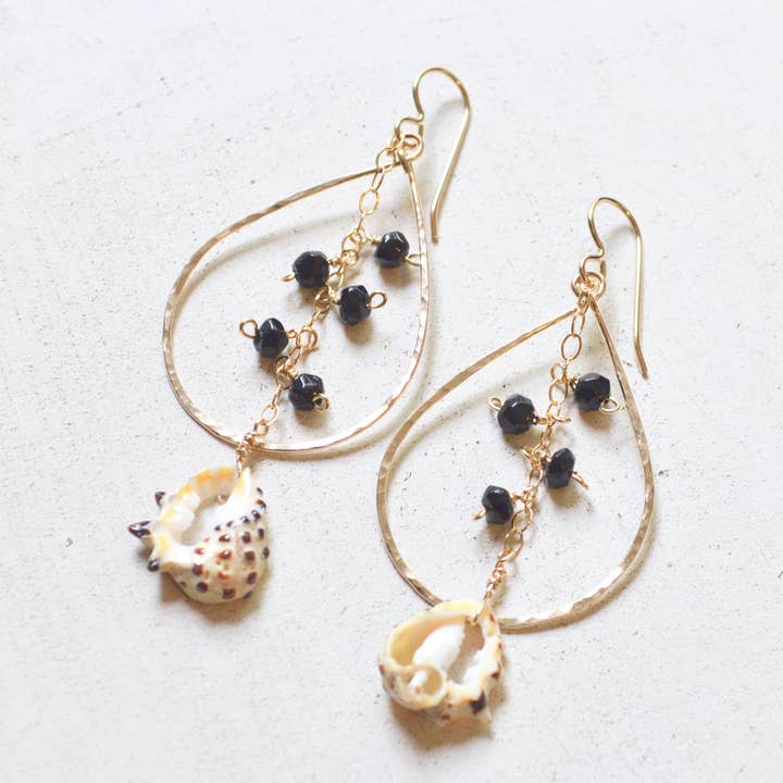 Black Onyx & Drupa Shell Teardrop Earrings in Gold for wholesale by Salty But Sweet