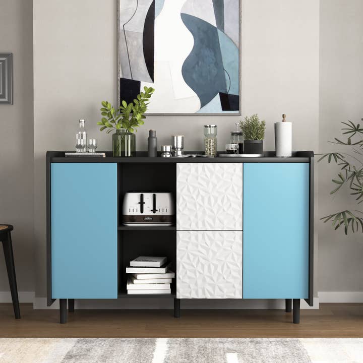 Sideboard Buffet Cabinet, Black Storage Cabinet With Blue Doors2 Drawers With Unique Panel Styling And 2 Open Storage Compartment, Modern Coffee Bar Cabinet Accent Cabinet For Kitchen, Dining Room for wholesale by Orange County Decor