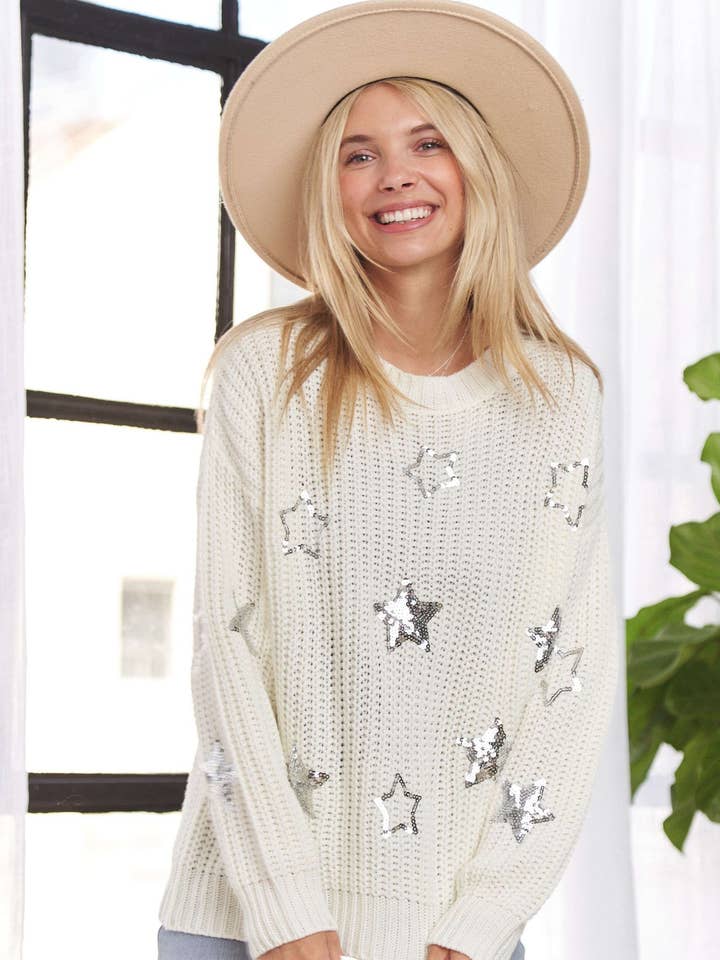 LESW3745-DROP SHOULDER SEQUINS STAR SWEATER TOP for wholesale by Madelyn