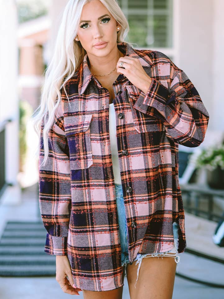 Lovesoft - Wholesale Shirt Jacket/Shacket - Women's - Oversized Flap Pockets Plaid Shacket with Slits