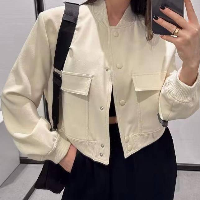 Rosa Clothing - Wholesale Jacket - Women's - Solid pocket cropped bomber jacket4