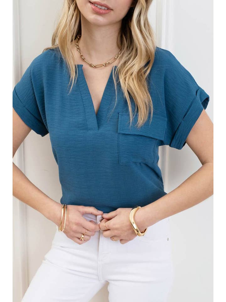 Blu Pepper - Wholesale Blouse - Women's - SPLIT NECK BACK BUTTON SHORT FOLD SLEEVE BLOUSE24
