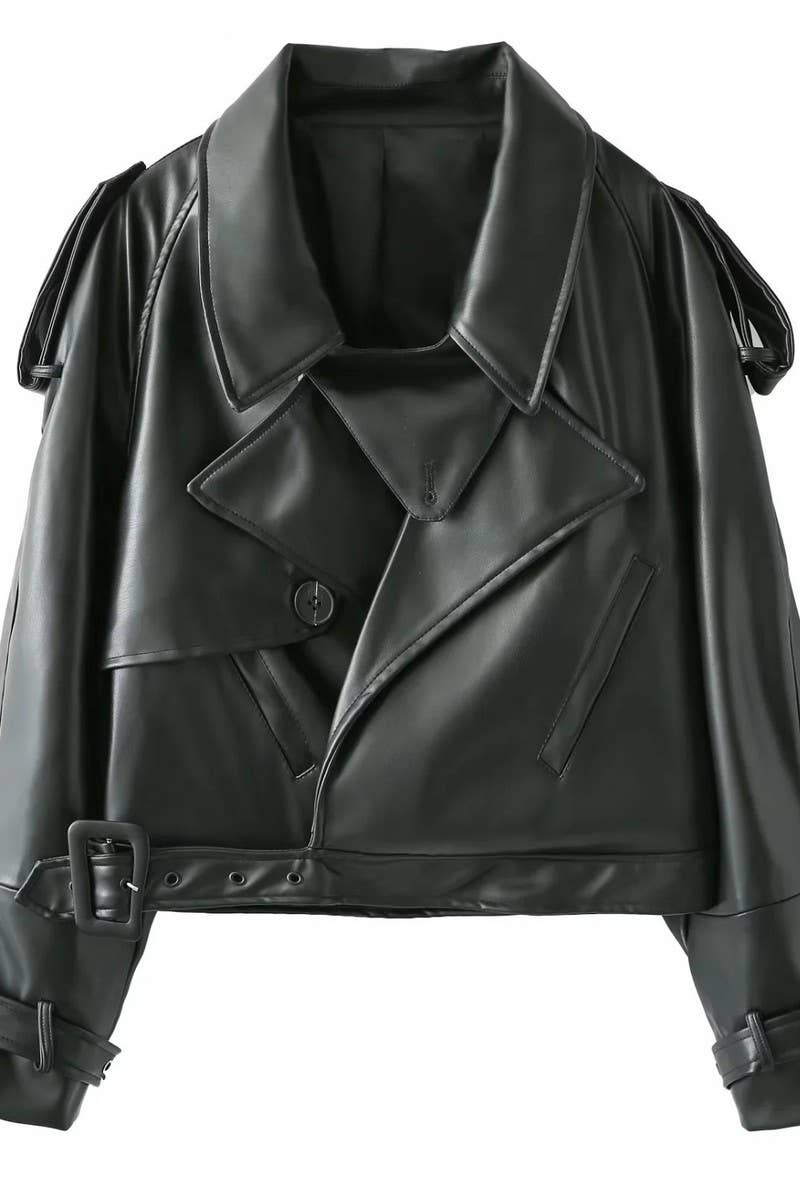 NINEXIS - Wholesale Coat - Women's - CWOCO1059_SOLID COLOR VINTAGE LAPEL LEATHER JACKET3