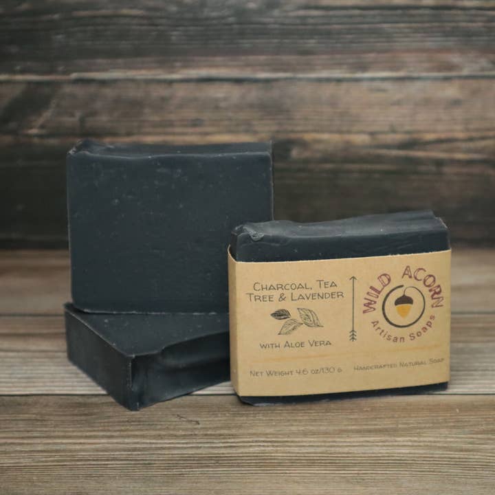 Charcoal, Tea Tree & Lavender Soap with Aloe for wholesale by Wild Acorn Artisan Soaps LLC