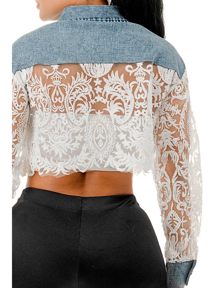 SALT - Wholesale Denim Jacket - Women's - (SJ5073)Pearl Brooch & Lace Sleeve Cropped Denim Jacket6