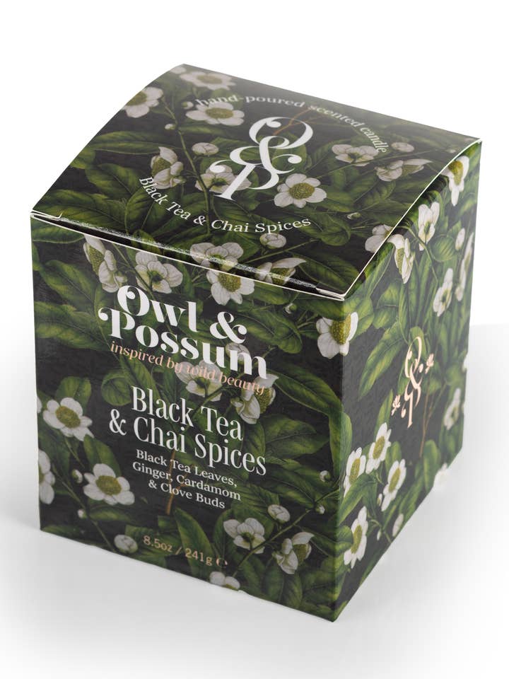 Vela de cera natural con aroma a té negro y especias chai para venta al por mayor de Owl & Possum