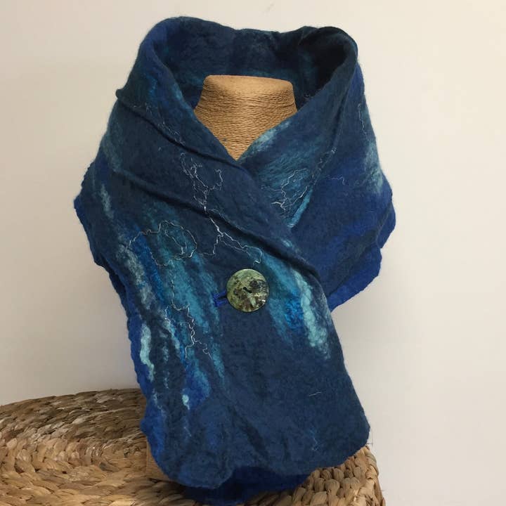 Elfn – Großhandel Schal – Damen – Blauer Filzwolle Schal, Nuno gefilzter handgefertigter Schal1