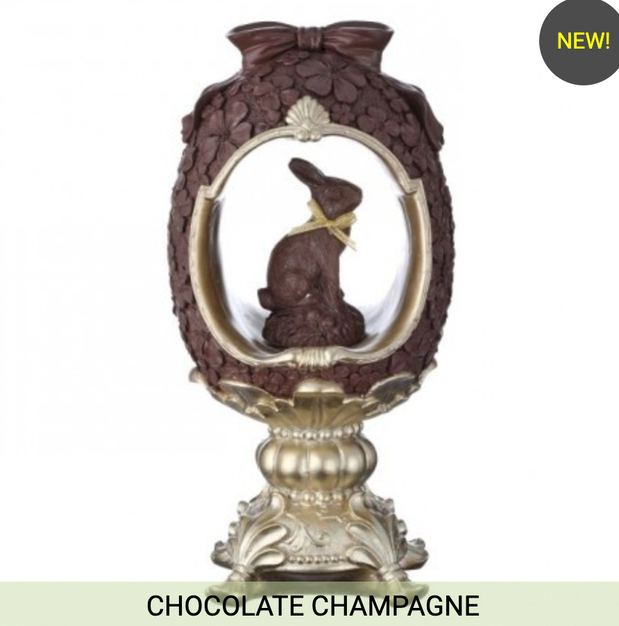 Dunn Deals – wholesale Decorative tabletop object – 12" RESIN CHOCOLATE EGG ON PEDESTAL W/ BUNNY0