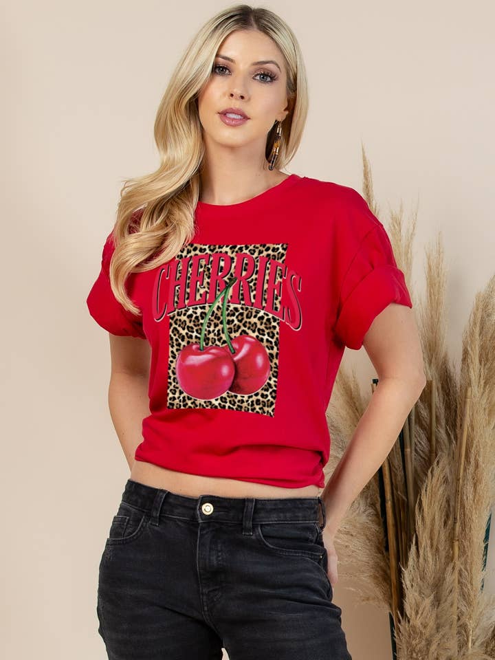 T1622-5822-T-Shirt in Übergröße mit quadratischem Tiermuster und Kirschmuster für den Großhandel von Nylon Apparel