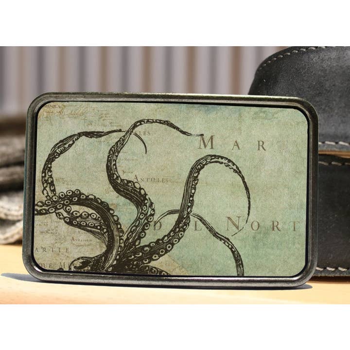 Octopus Tentacles On Map Belt Buckle for wholesale by Bungalow Blue Trading Co