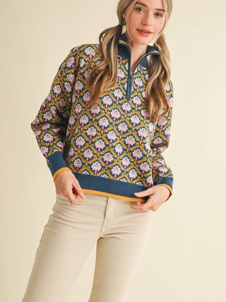 &MERCI - Wholesale Knit Sweater - Women's - FLORAL MOCK NECK HALF ZIP PULLOVER MSW1082936