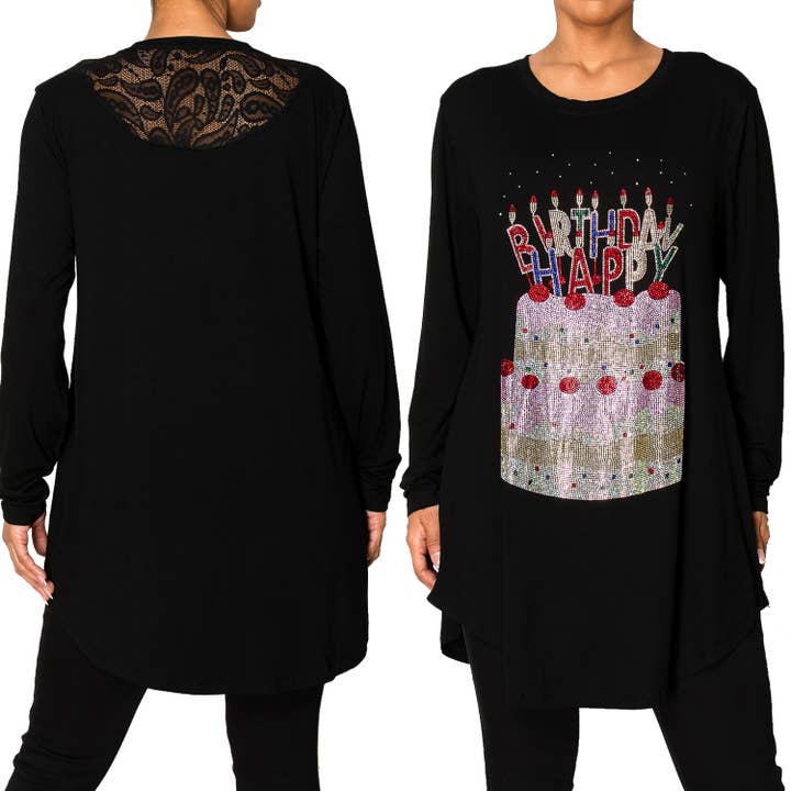 Fashion Loose Fit Jeweled Happy Birthday T-Shirt for wholesale by SP Sophia Collection