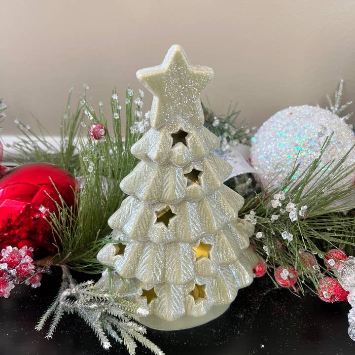 8.5" Beautifully Glittered LED Muted Green Tree with Star for wholesale by Drew Derose Design