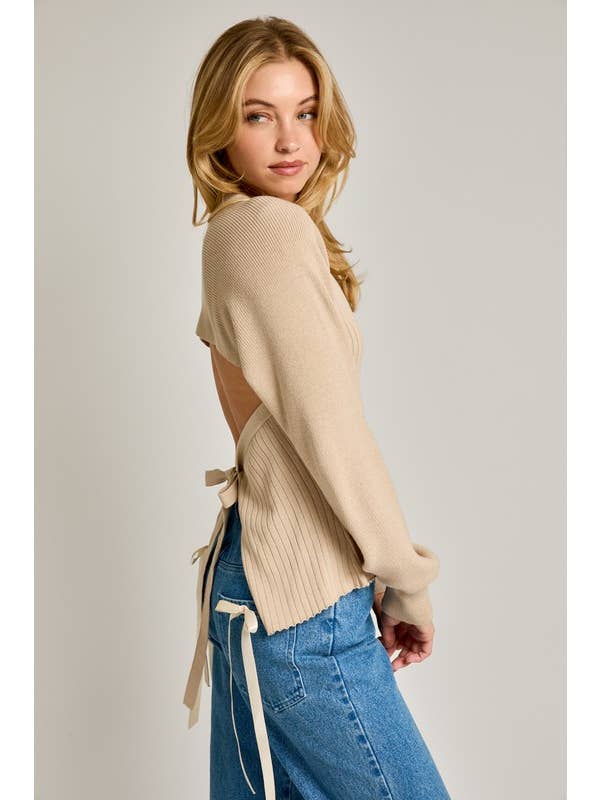 Beige Long Sleeve Crew Neck Ribbed Open Back Sweater for wholesale on Faire