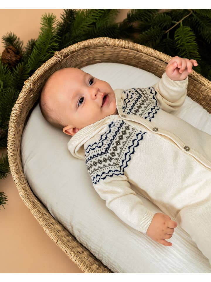 Natural Fair Isle Jacquard Sweater Knit Baby Hooded Jumpsuit for wholesale on Faire7