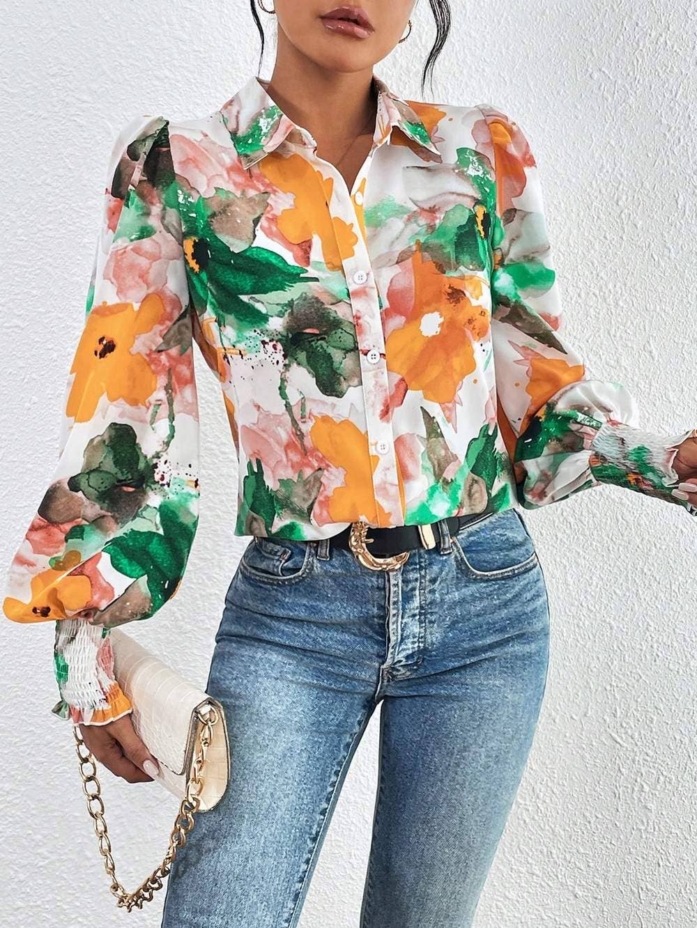 Fashion Combination - Wholesale Button Down Shirt - Women's - priv floral print lantern sleeve shirt1