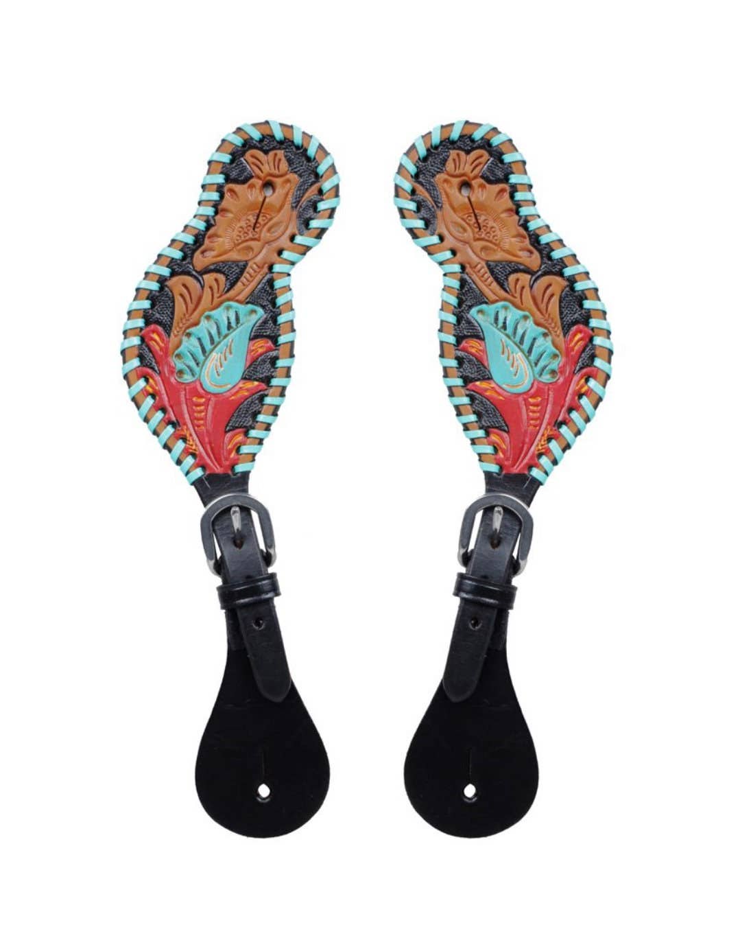 The Sterling Gypsy - Wholesale Horseback Riding Gear - Western Hand Tooled Leather Spur Straps Turquoise Flower White Daisy Horse Tack Cowgirl2