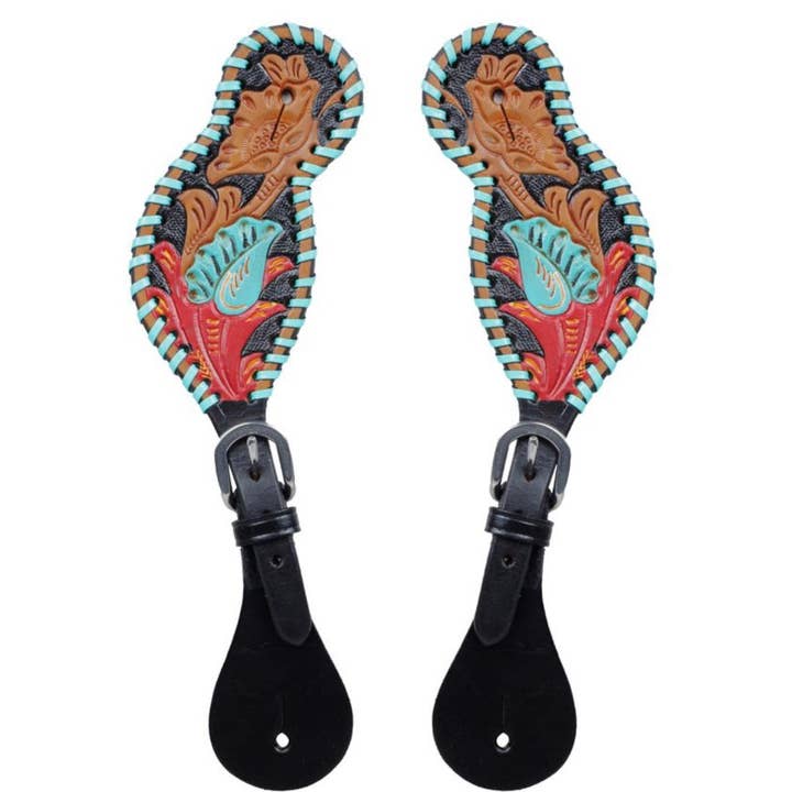 The Sterling Gypsy - Wholesale Horseback Riding Gear - Western Hand Tooled Leather Spur Straps Turquoise Flower White Daisy Horse Tack Cowgirl2