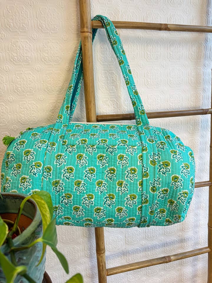 Quilted Duffle Tote Shoulder Aquamarine Cotton Handprint for wholesale by Essential Designs London
