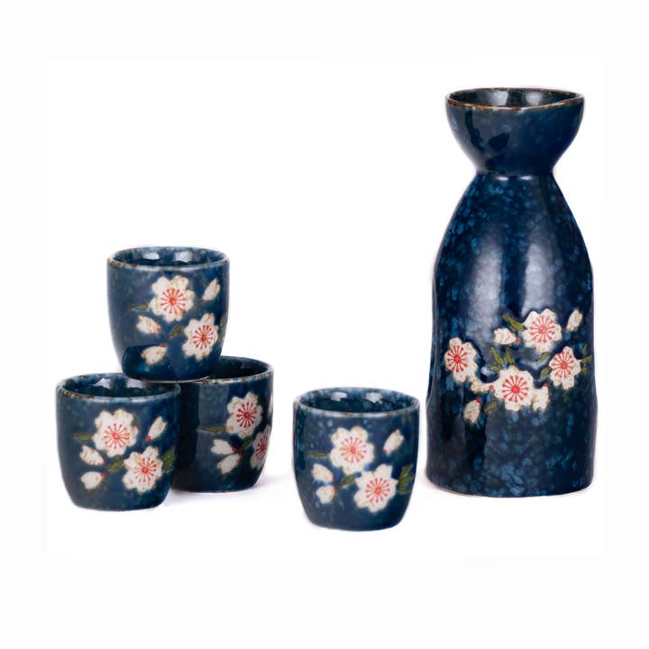Sake Set – Navy Sakura Cherry Blossom Design (12 oz) for wholesale by Fuji Merchandise Corporation