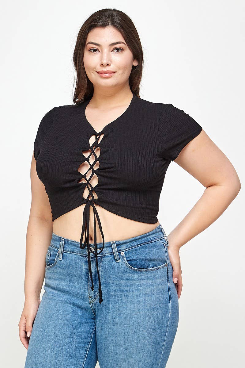 Haute Fox Plus Size & Contemporary – wholesale Knit top – Women's – Plus Size Ribbed Lace-Up Crop Top - WG18043-T