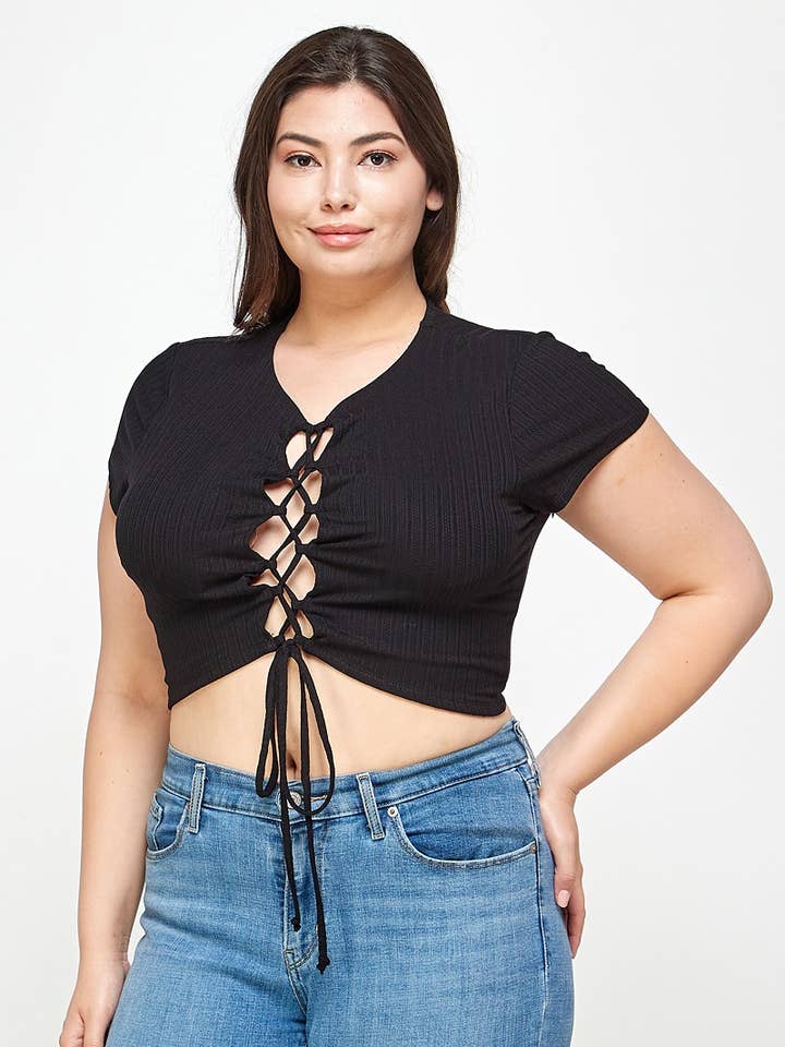Haute Fox Plus Size & Contemporary – wholesale Knit top – Women's – Plus Size Ribbed Lace-Up Crop Top - WG18043-T0