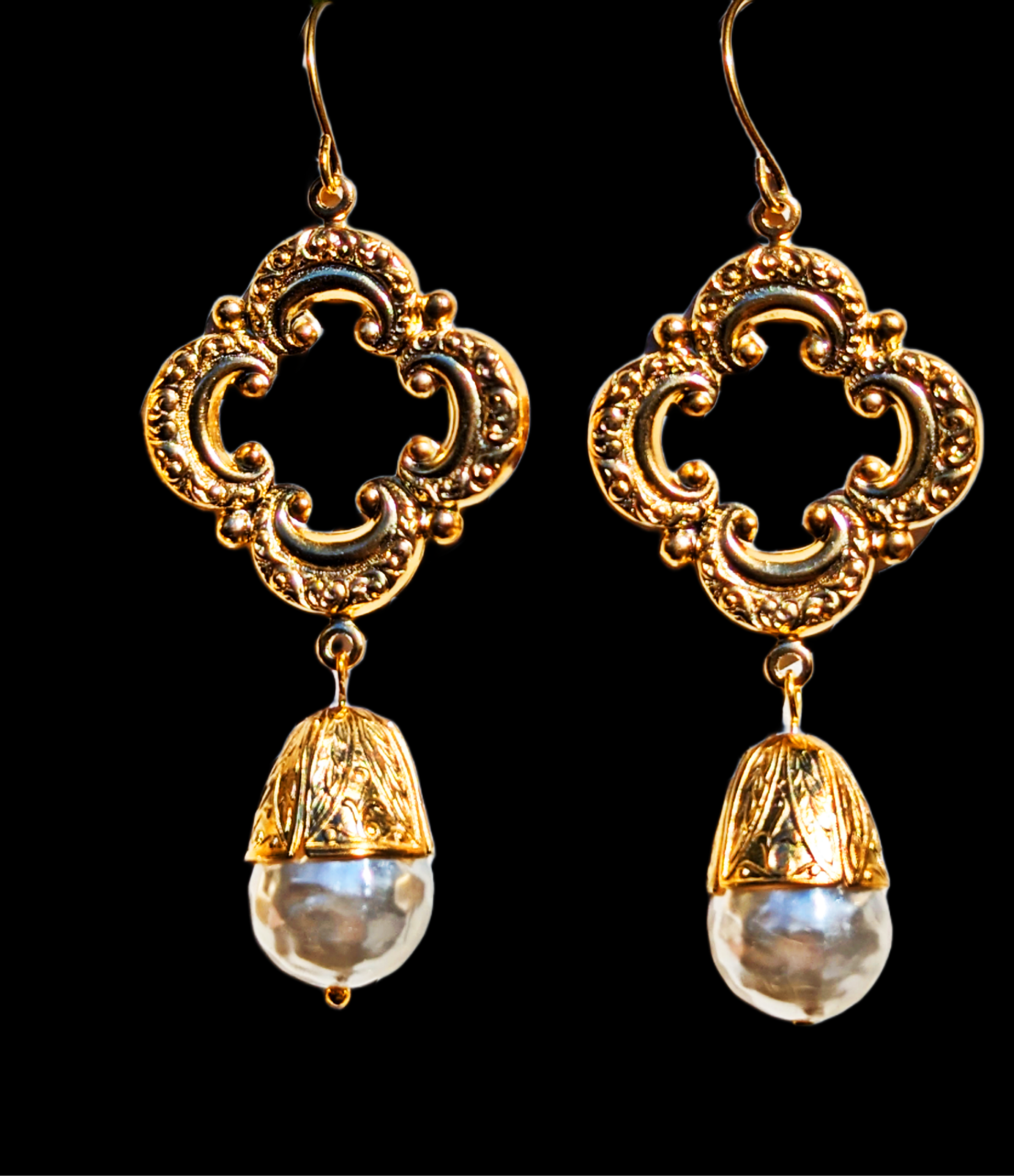 Gay Isber Designs - Wholesale Dangle Earrings - Gold Plated Elegant Vintage Cream Pearl Drop Earrings 3 inch Long USA Made by Sugar Gay Isber unisex-adult Bridal Other colors available1