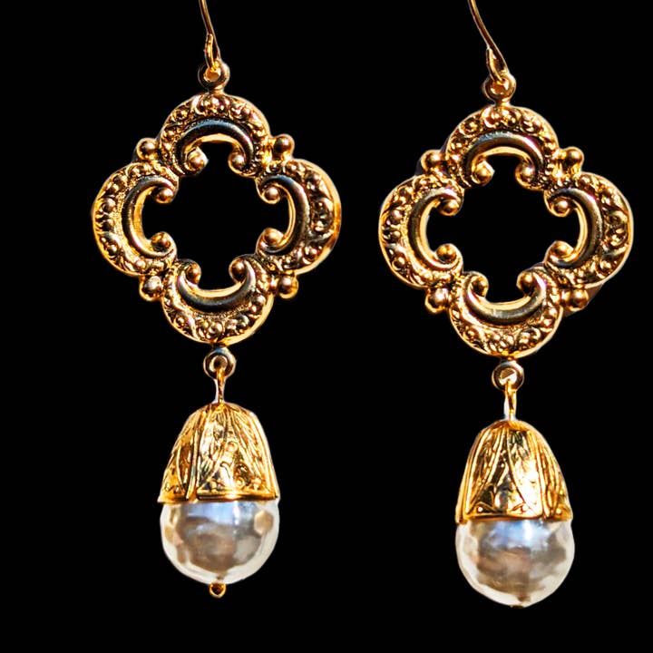 Gay Isber Designs - Wholesale Dangle earrings - Gold Plated Elegant Vintage Cream Pearl Drop Earrings 3 inch Long USA Made by Sugar Gay Isber unisex-adult Bridal Other colors available1