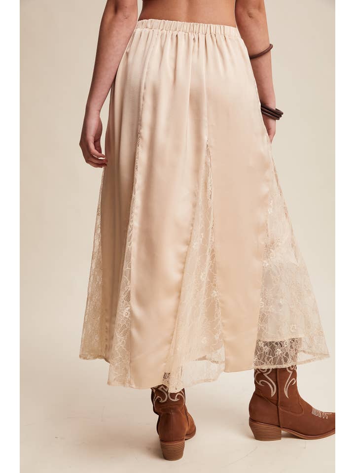 Listicle - Wholesale Skirt - Women's - Lace Inset Satin Midi Skirt LSK02727