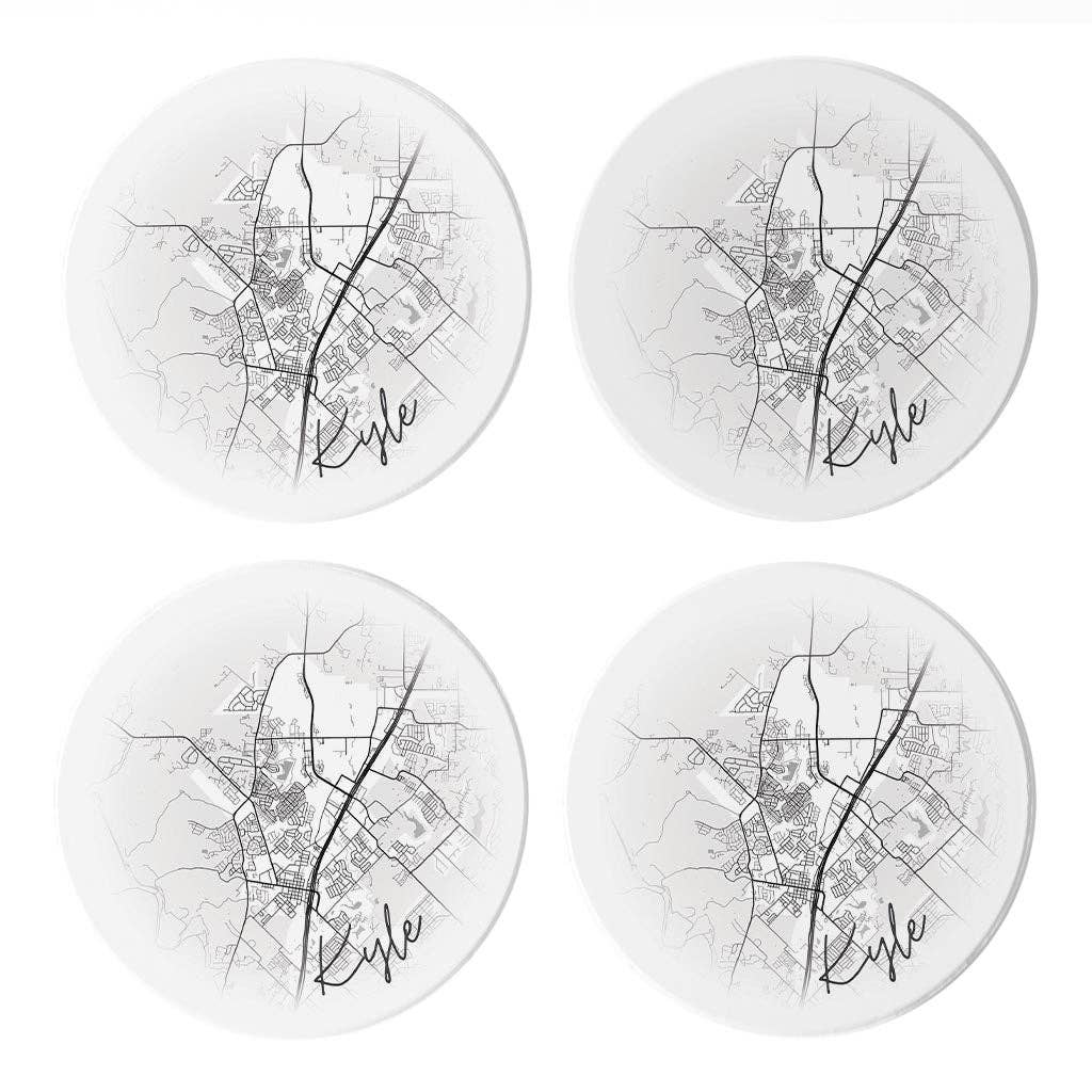 Love Local - Wholesale Coasters - Minimalistic B&W Texas Kyle Circle Map | Absorbent Coasters | Set of 4 | Min 20