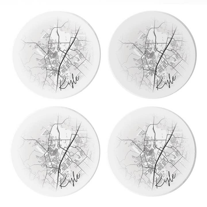 Love Local - Wholesale Coasters - Minimalistic B&W Texas Kyle Circle Map | Absorbent Coasters | Set of 4 | Min 2