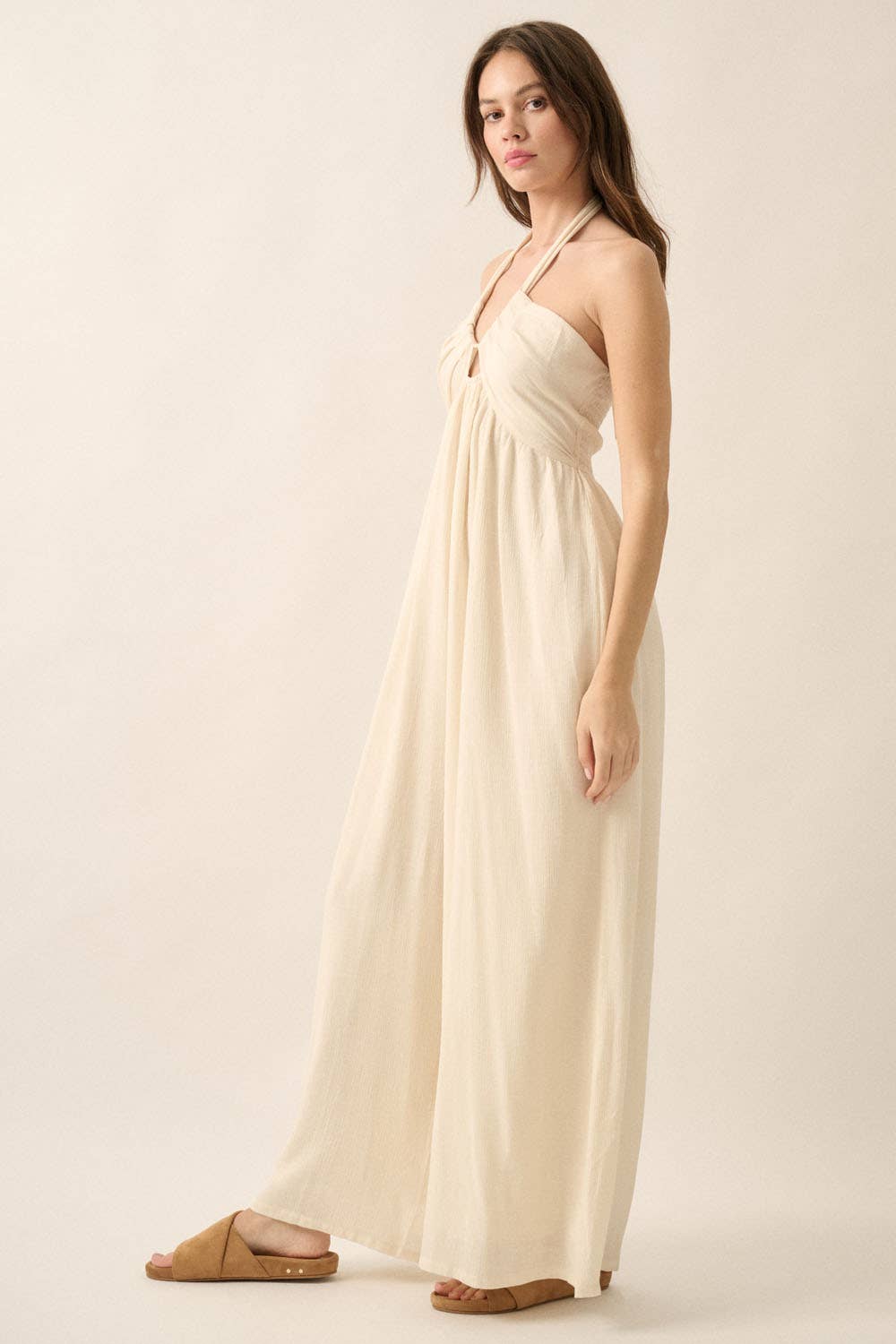 Promesa USA – Macacão - Mulher por atacado – Macacão de Perna Larga com Decote Halter em Mistura de Algodão Sólido4