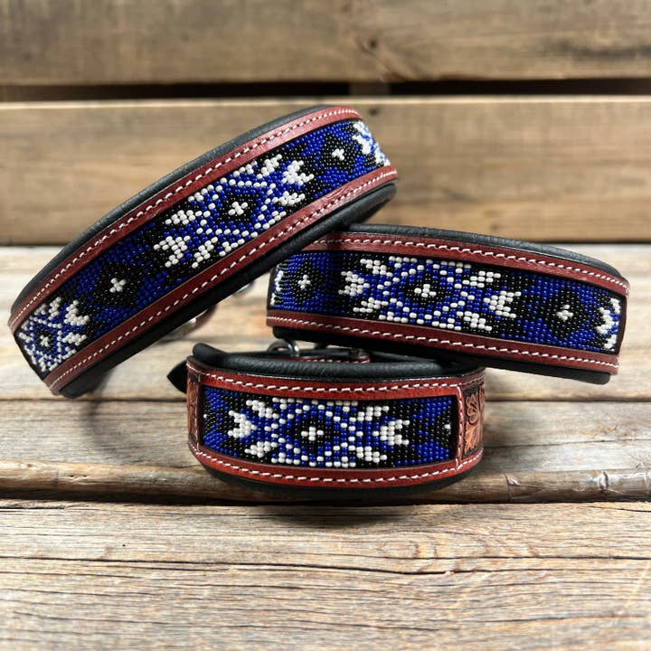 Blue and White Genuine Leather Beaded Dog Collar #DC440 for wholesale by Rodeo Drive