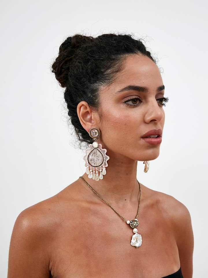 Lace Pink Quartz Earrings for wholesale by Ranjana Khan