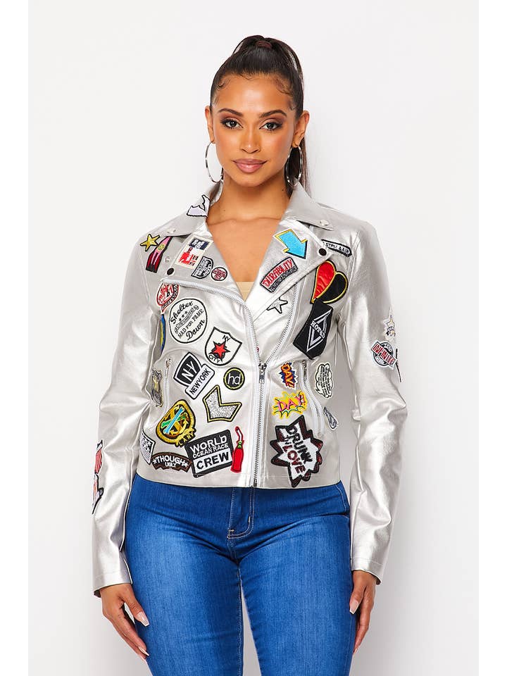 Boswell - Wholesale Leather Jacket - Women's - PATCH DETAIL PU BIKER JACKET3