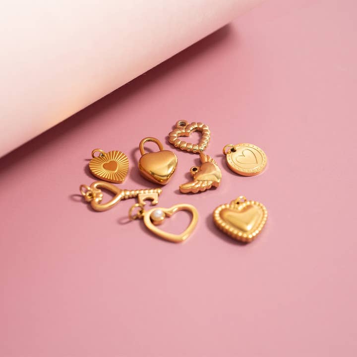 WJW – wholesale Individual charm/pendant – (9pc) 18K Gold PVD Stainless Steel Heart Charm Set8