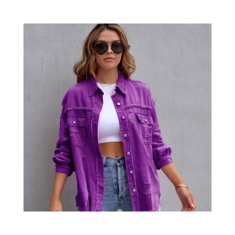 UZ Wholesale Store - Vendita all'ingrosso Giacca di jeans - Donna - Giacca in denim invecchiato tinta unita di media lunghezza6