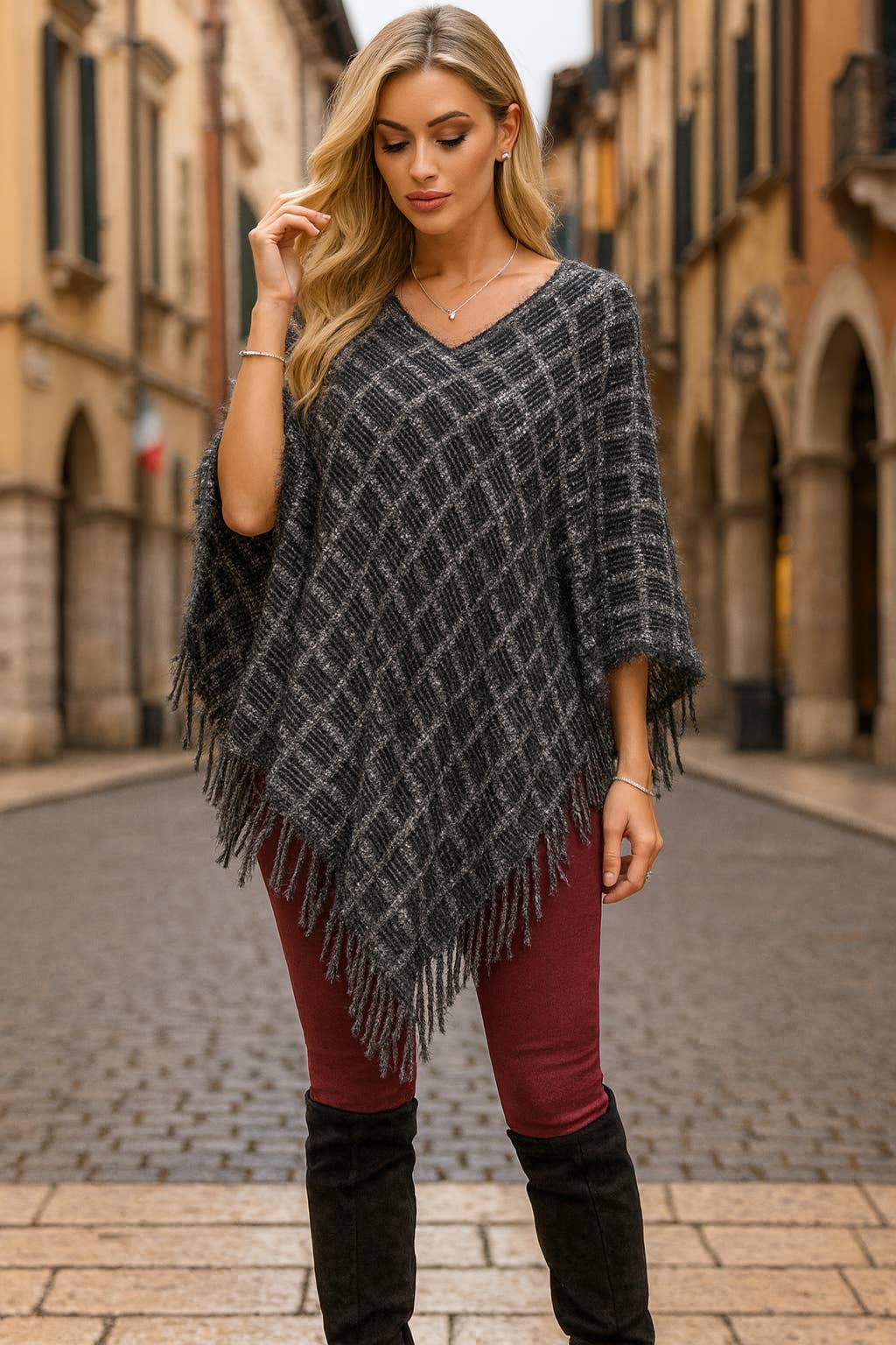 LTX Sportswear - Wholesale Poncho - Women's - 1012 Midnight Black Shadows Fringed Knit Poncho