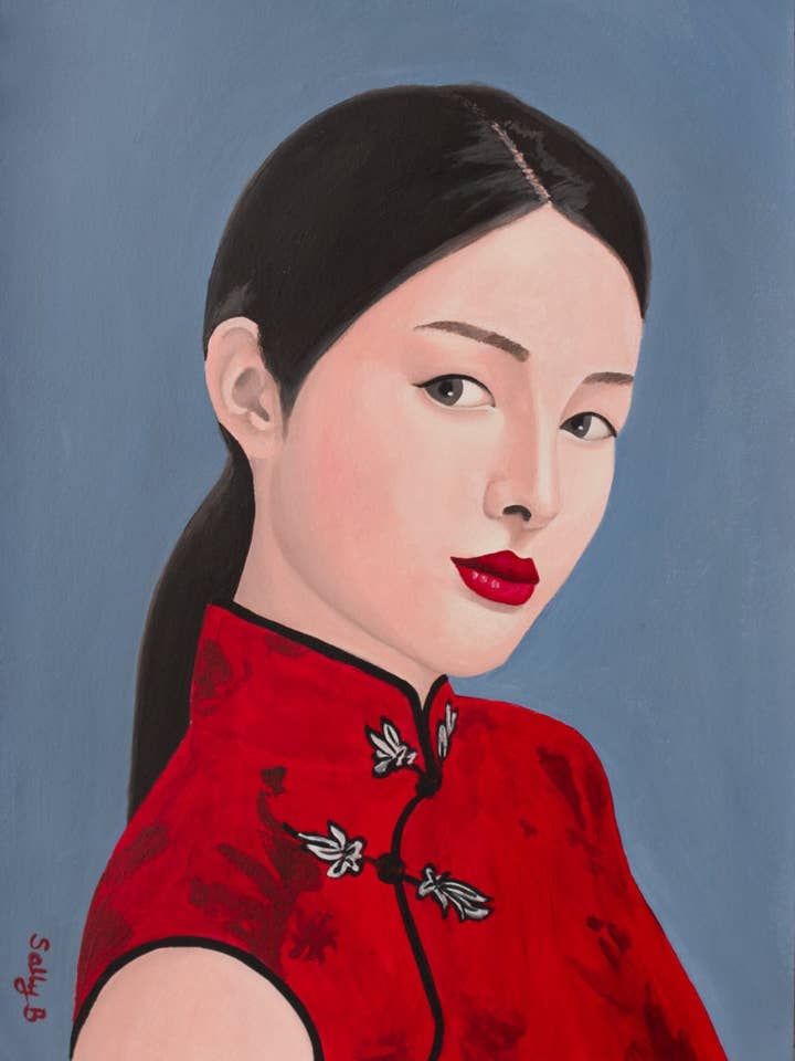 Chinoiserie-konsttryck med porträtt av kinesisk kvinna i rött för wholesale av Sally B