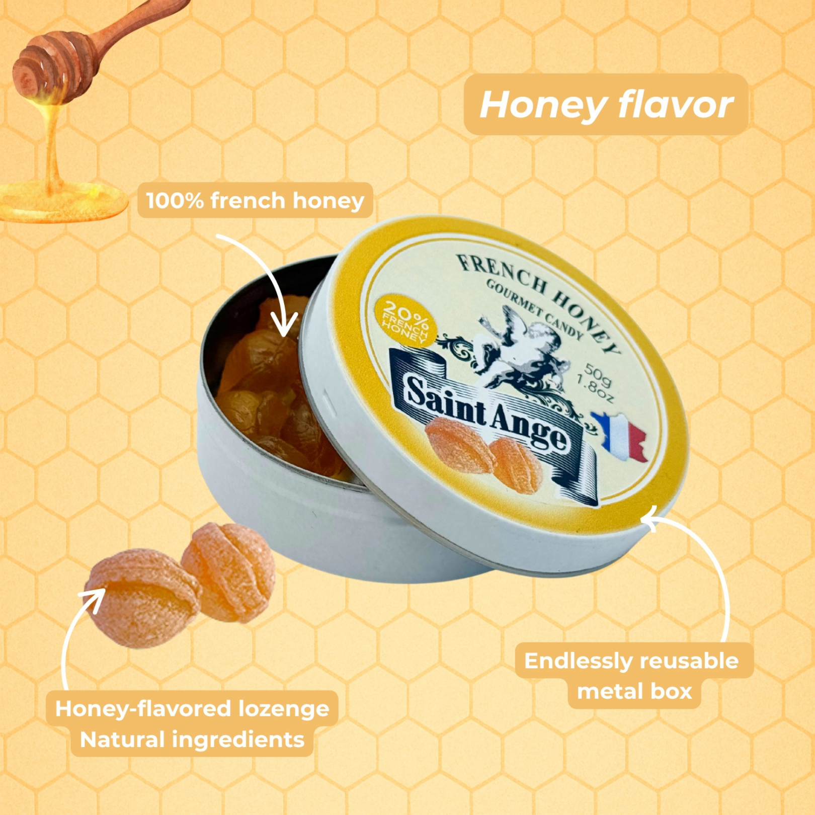 Bonbon USA France - Wholesale Hard Candy - Saint Ange Honey - French Gourmet Natural Candy Tin4