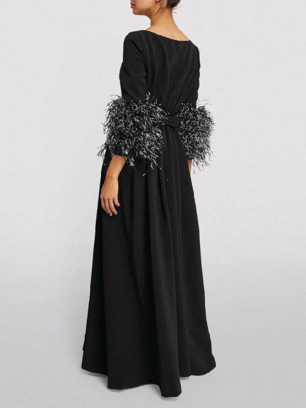 FurDecoration - Wholesale Dress - Women's - Black & White Feather Sleeve Party Dress3