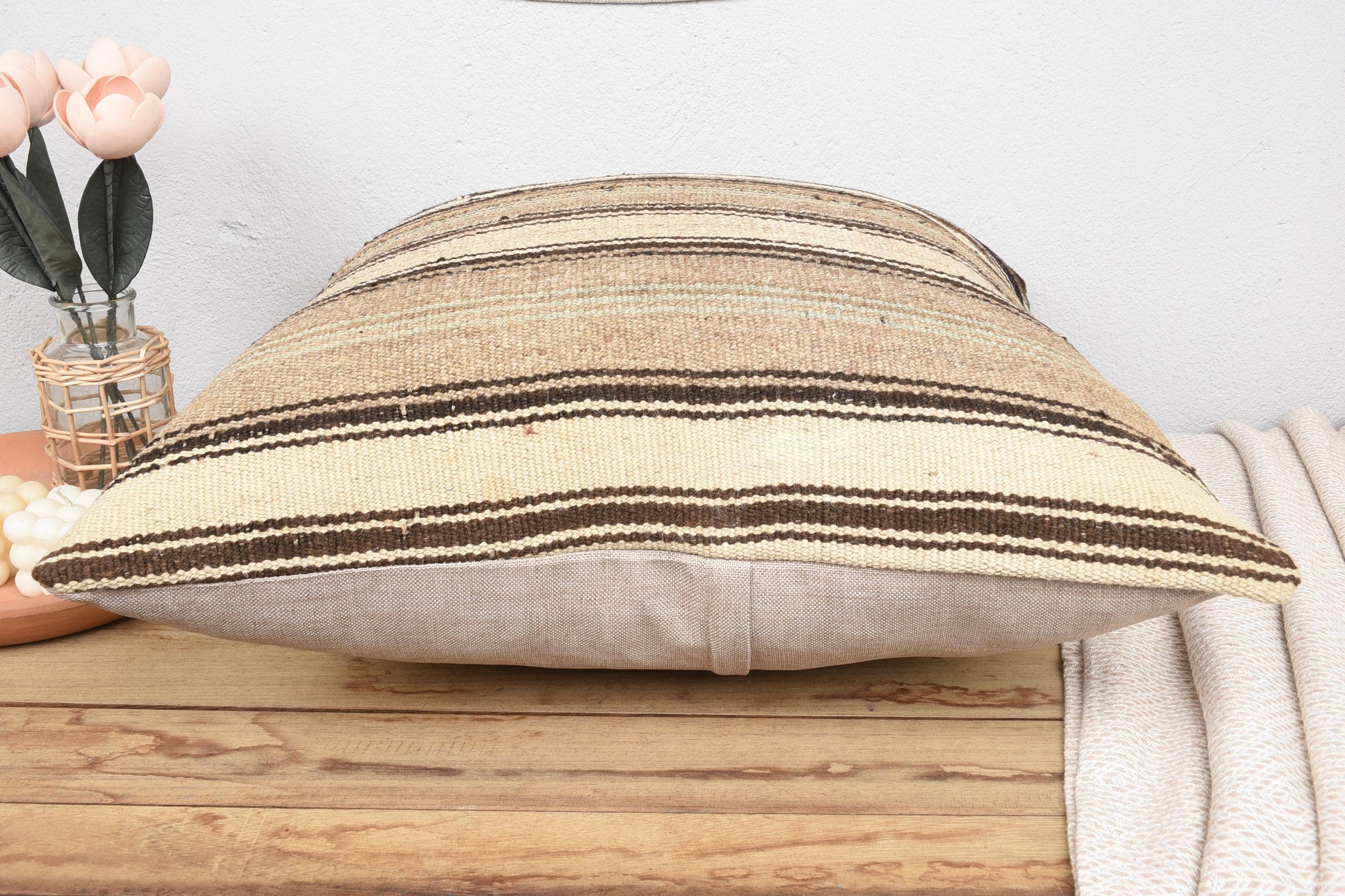 Kilim Pillow Decors - Wholesale Throw/Decorative Pillow - Handmade Kilim Cushion 24x24 Ethnic Striped Beige4