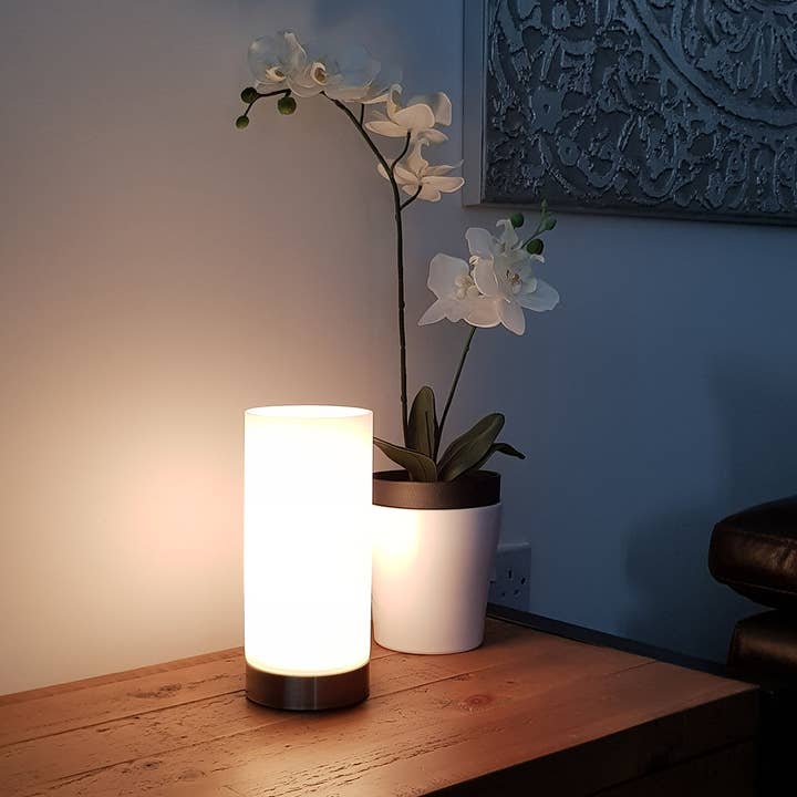 Lonsdale Staged Dimming Table Lamp with a White Cyclinder Glass Shade for wholesale by K LIVING