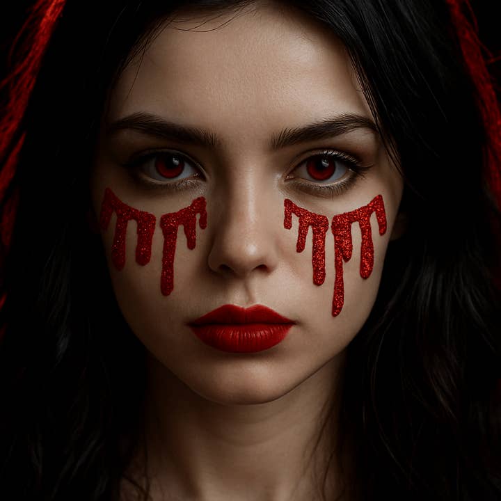 Red Bloody Awesome Glitter Tears Face Sticker for wholesale on Faire3