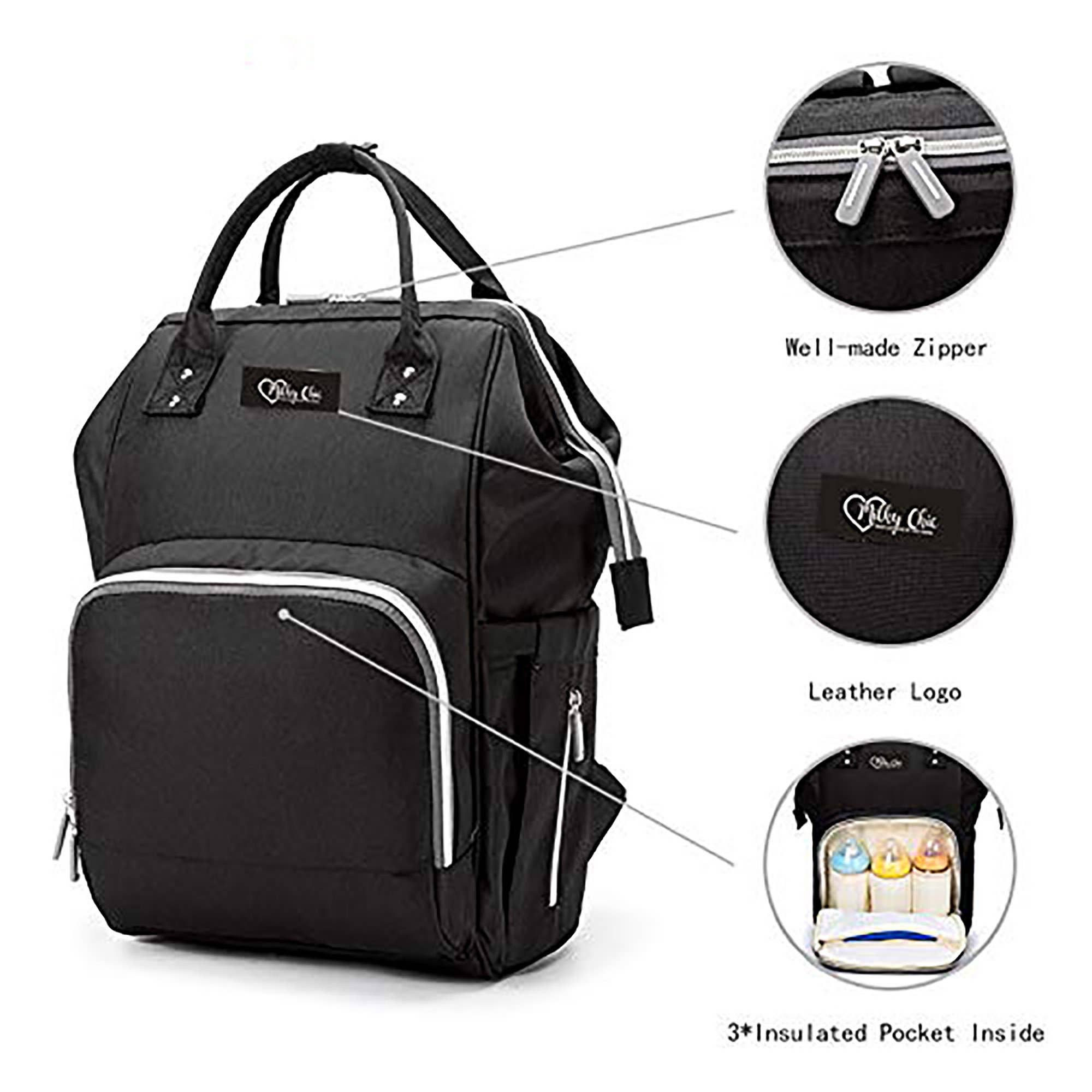 Milky Chic – wholesale Skötväska - Baby – Tillbaka till svart mamma blöja väska1